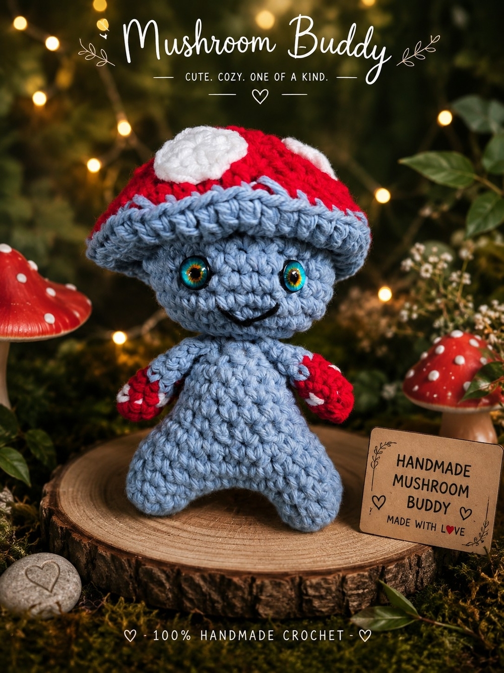 Handmade Mushroom Buddy Plush Toy - Blue & Red Crochet Amigurumi